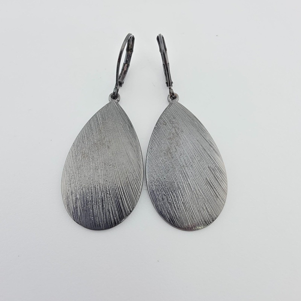 Vtg JOAN RIVERS Earrings Teardrop Gunmetal Grey Textured Sunburst Dangle Drop 2"